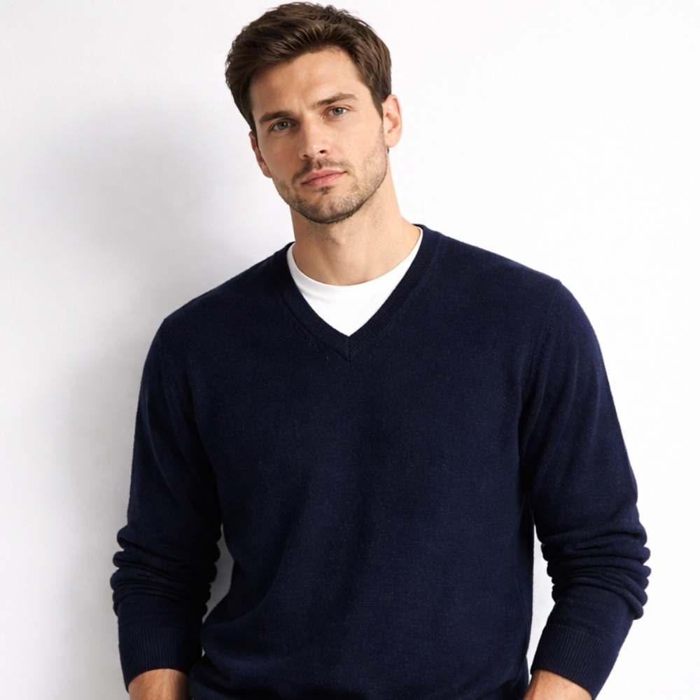 Valentino Studio Italian Virgin Wool V-Neck Sweater *Flaw Navy Men’s L 23” P2P